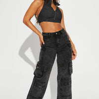 Tall Mad For You Cargo Jeans - Acid Wash Black