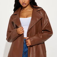Mariah Belted Faux Leather Trench - Chocolate