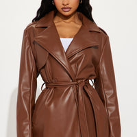 Mariah Belted Faux Leather Trench - Chocolate
