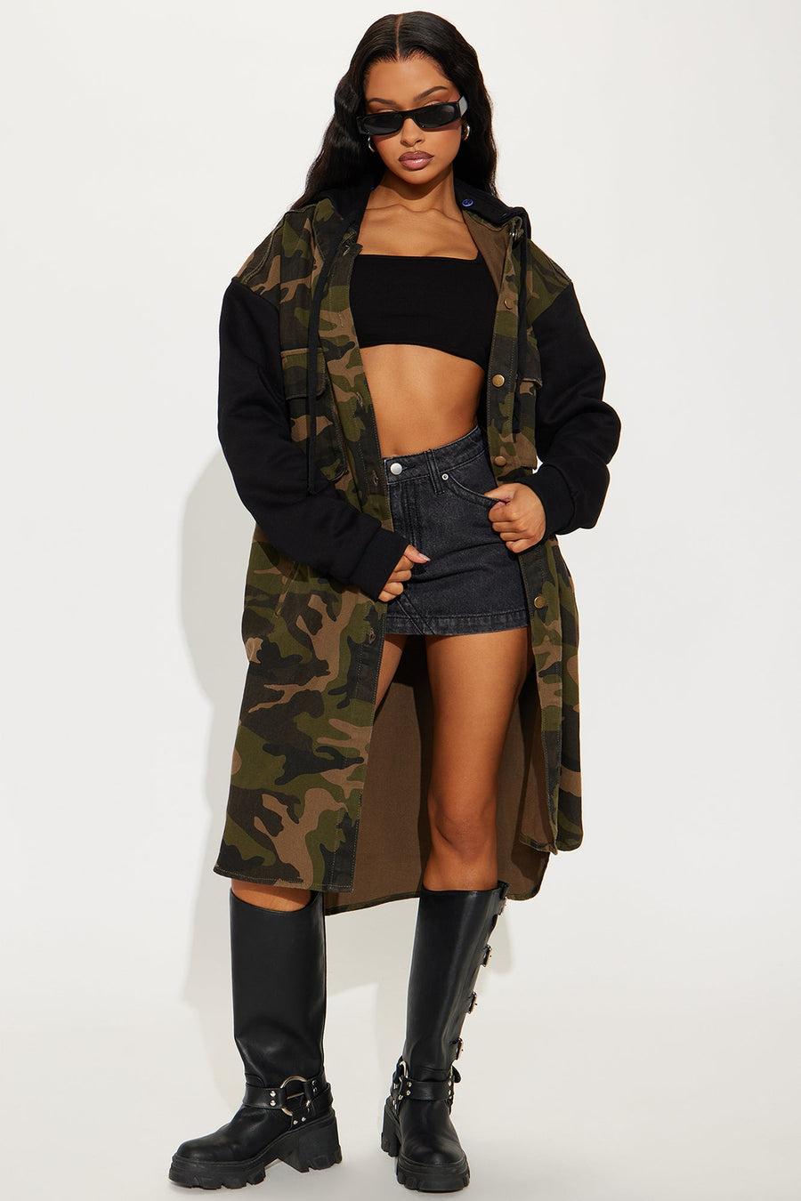 Millie Denim Camo Print Coat - Olive/combo