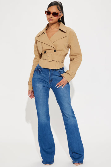 Nicole Belted Nylon Cropped Trench - Khaki