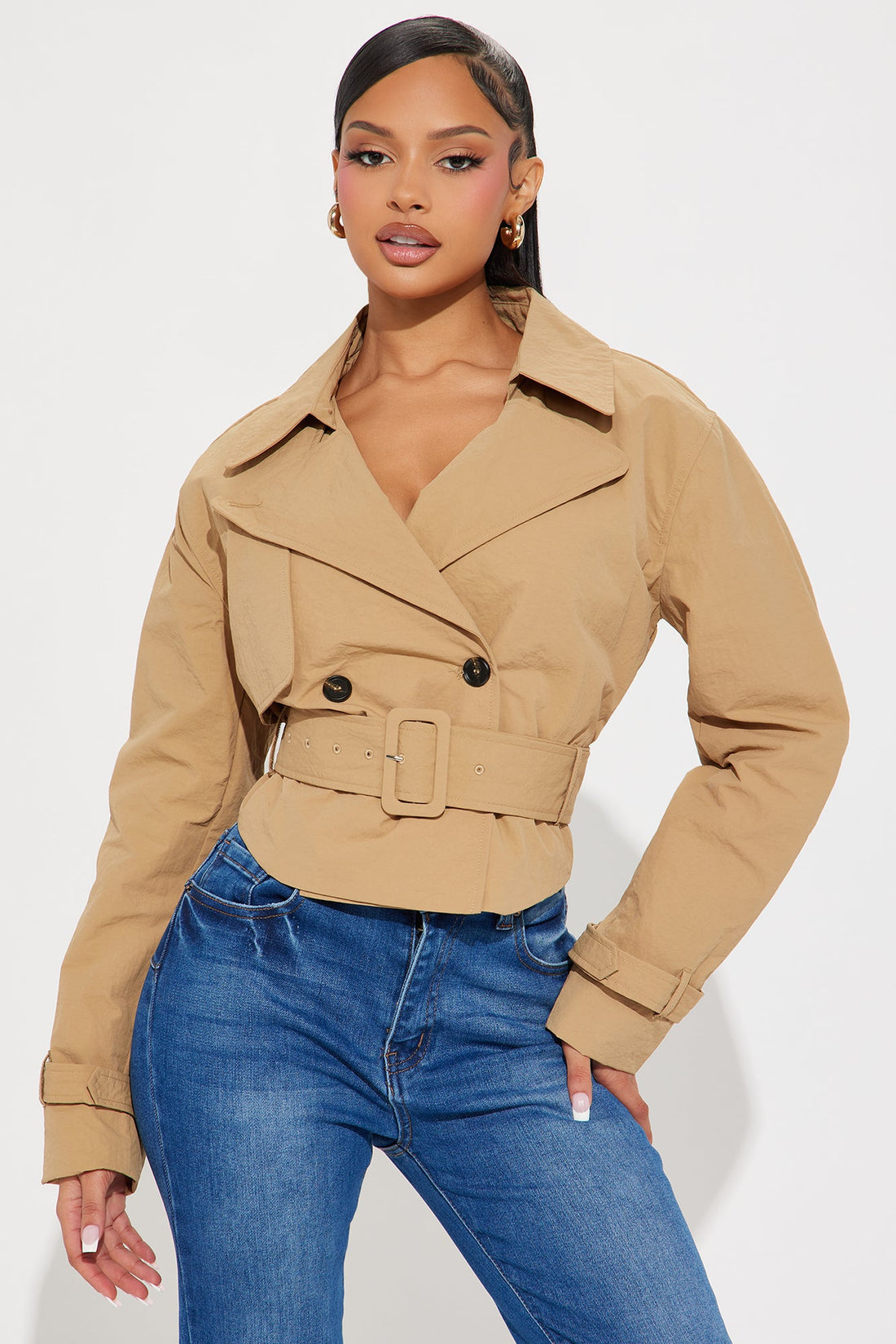 Nicole Belted Nylon Cropped Trench - Khaki