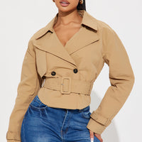 Nicole Belted Nylon Cropped Trench - Khaki