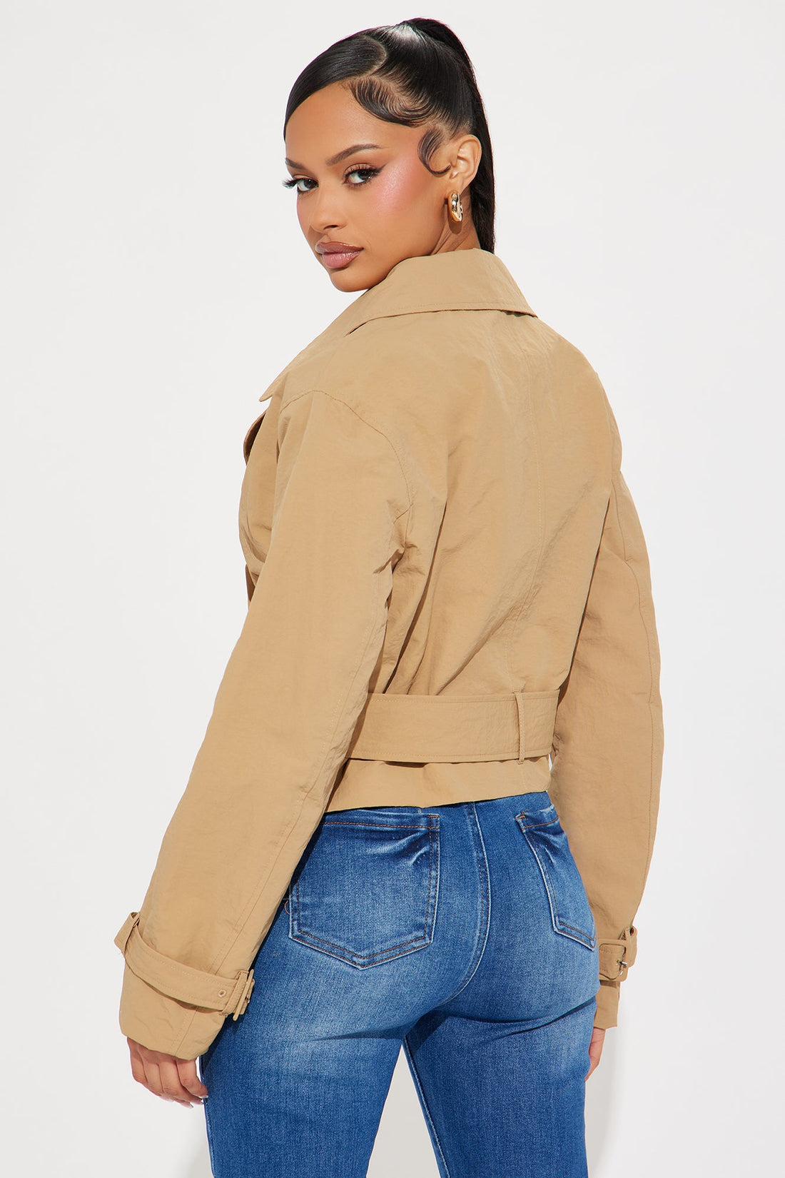Nicole Belted Nylon Cropped Trench - Khaki