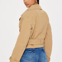 Nicole Belted Nylon Cropped Trench - Khaki