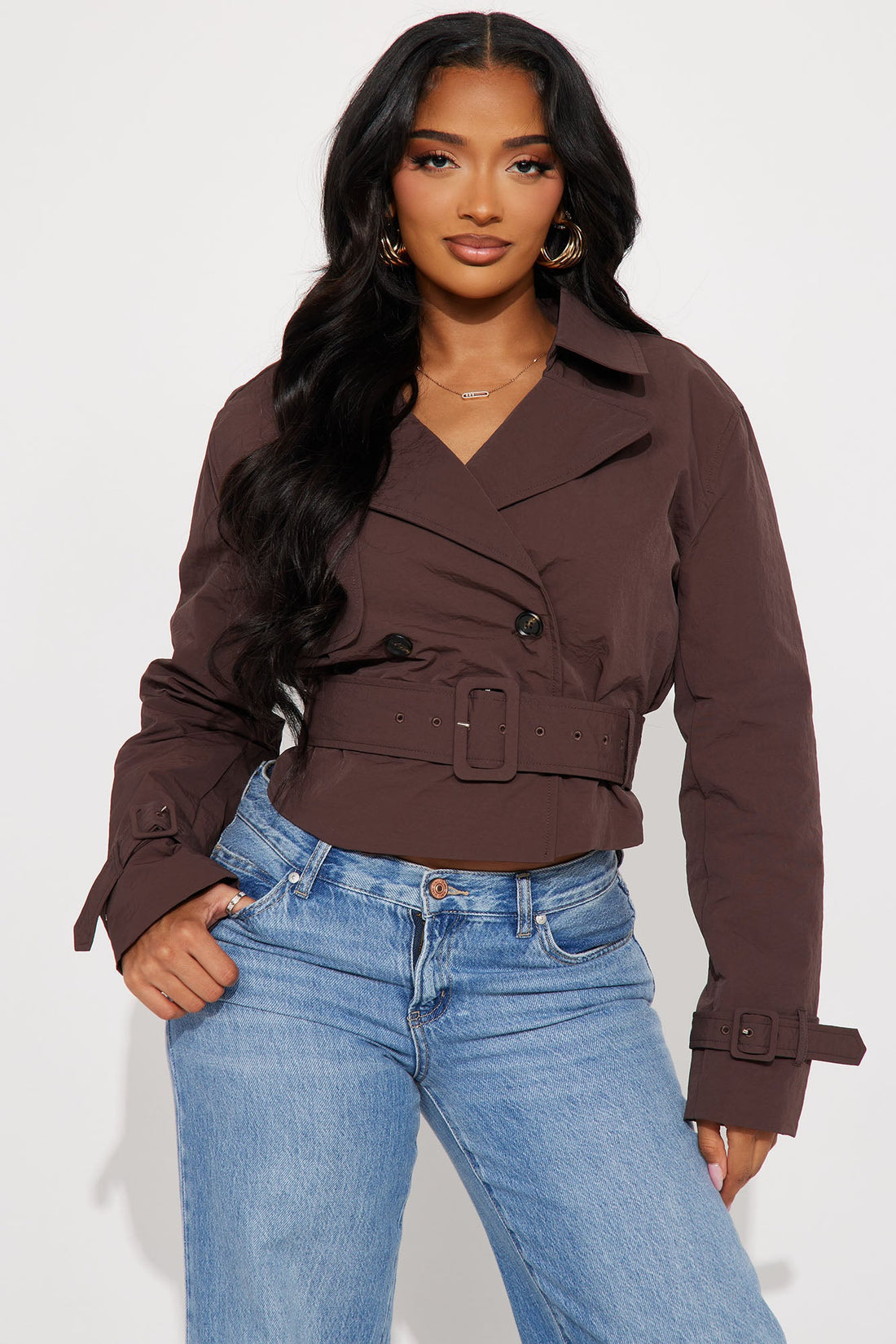 Nicole Belted Nylon Cropped Trench - Chocolate