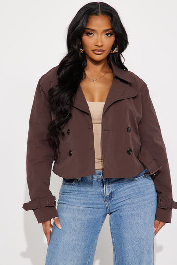 Nicole Belted Nylon Cropped Trench - Chocolate