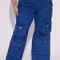 Lily High Rise Cargo Jeans - Medium Blue Wash