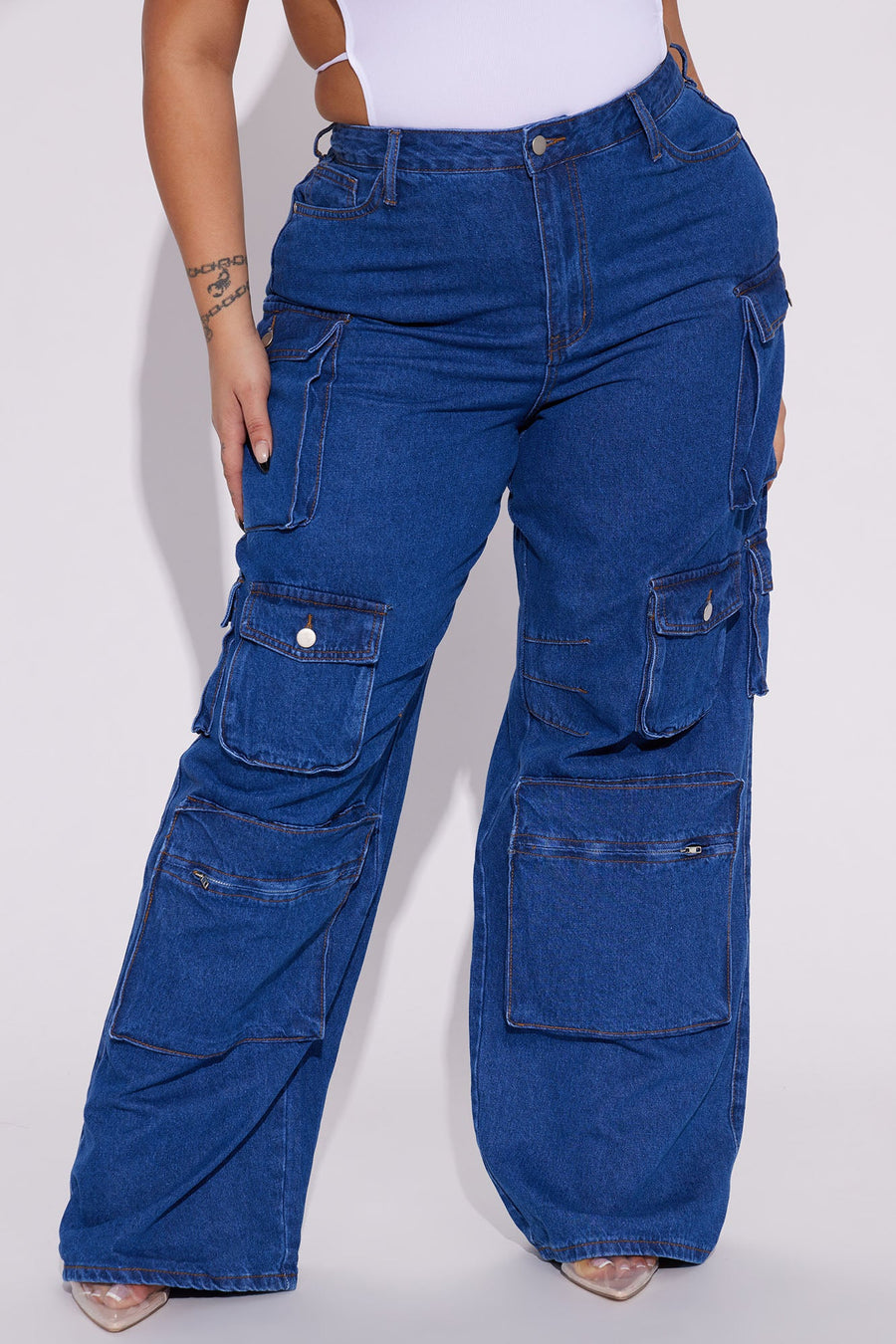 Lily High Rise Cargo Jeans - Medium Blue Wash