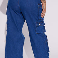 Lily High Rise Cargo Jeans - Medium Blue Wash