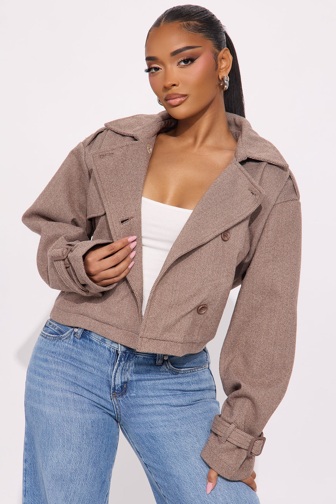 Preppy Chic Plaid Cropped Trench Coat - Camel