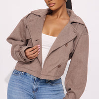 Preppy Chic Plaid Cropped Trench Coat - Camel