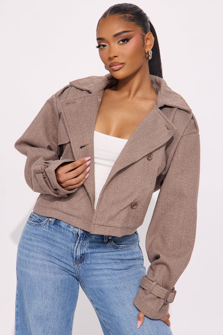 Preppy Chic Plaid Cropped Trench Coat - Camel
