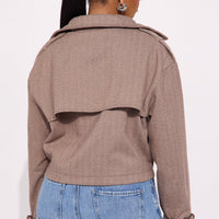 Preppy Chic Plaid Cropped Trench Coat - Camel