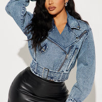 Making Appearances Acid Wash Denim Moto Jacket - Medium Wash