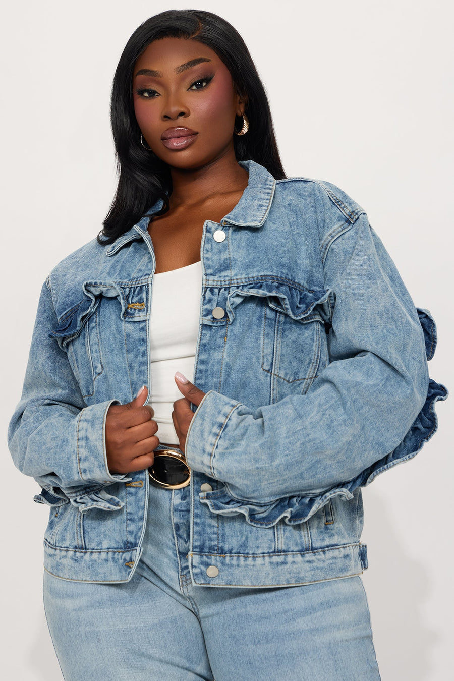 Gabby Ruffle Denim Jacket - Medium Wash