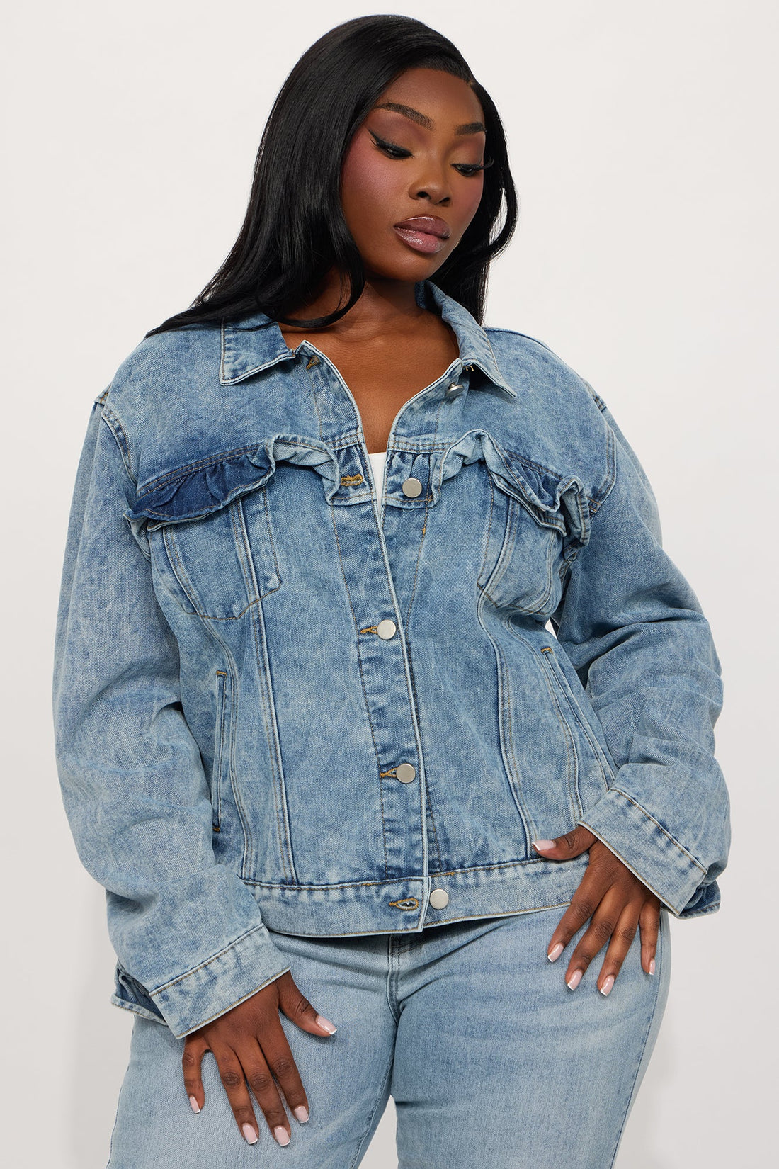 Gabby Ruffle Denim Jacket - Medium Wash