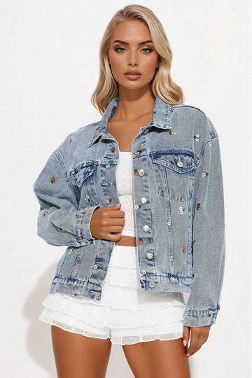 Olivia Floral Denim Jacket - Medium Wash