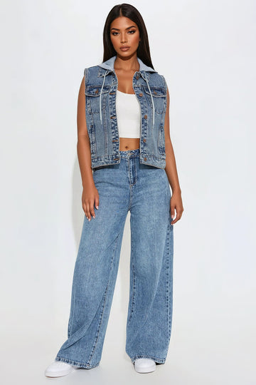 Denise Hooded Denim Vest - Medium Wash