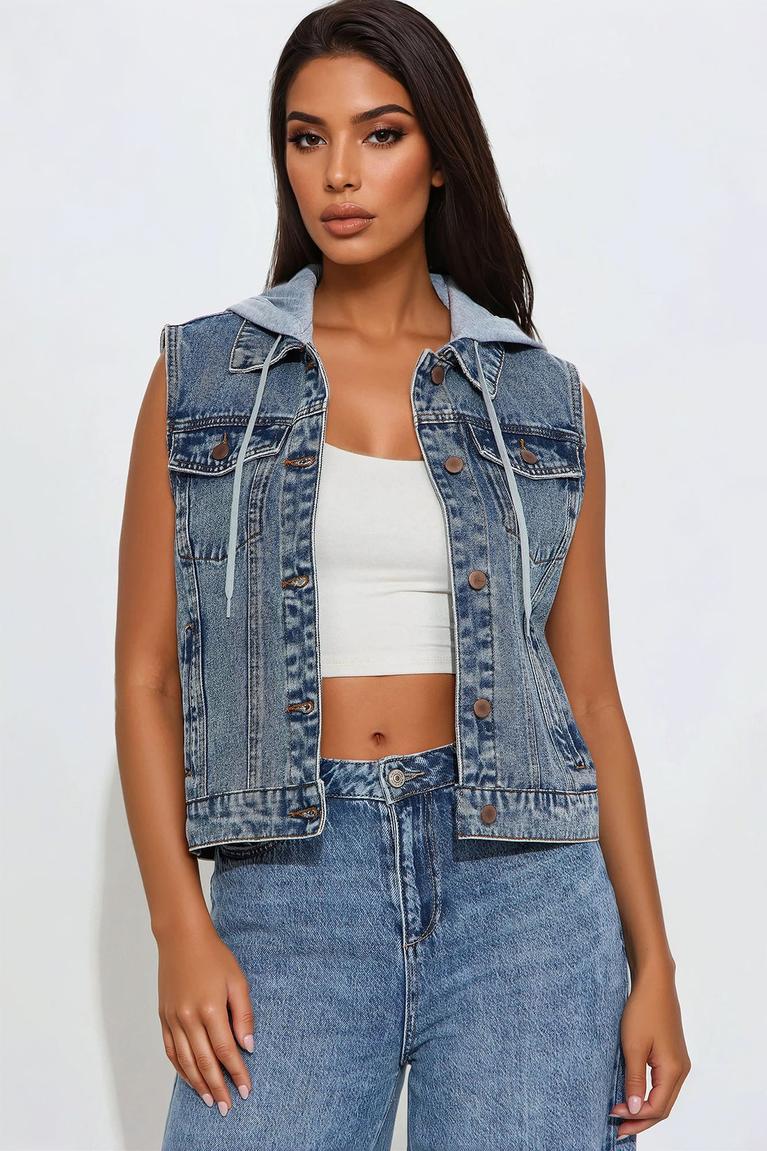 Denise Hooded Denim Vest - Medium Wash