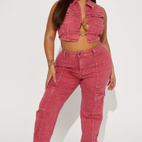 Step To It Stretch Utility Jeans - Red