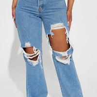 Drive You Crazy Ripped Non Stretch Straight Leg Jeans - Medium Wash
