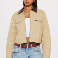 Working Overtime Cropped Barn Jacket - Khaki