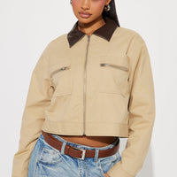 Working Overtime Cropped Barn Jacket - Khaki