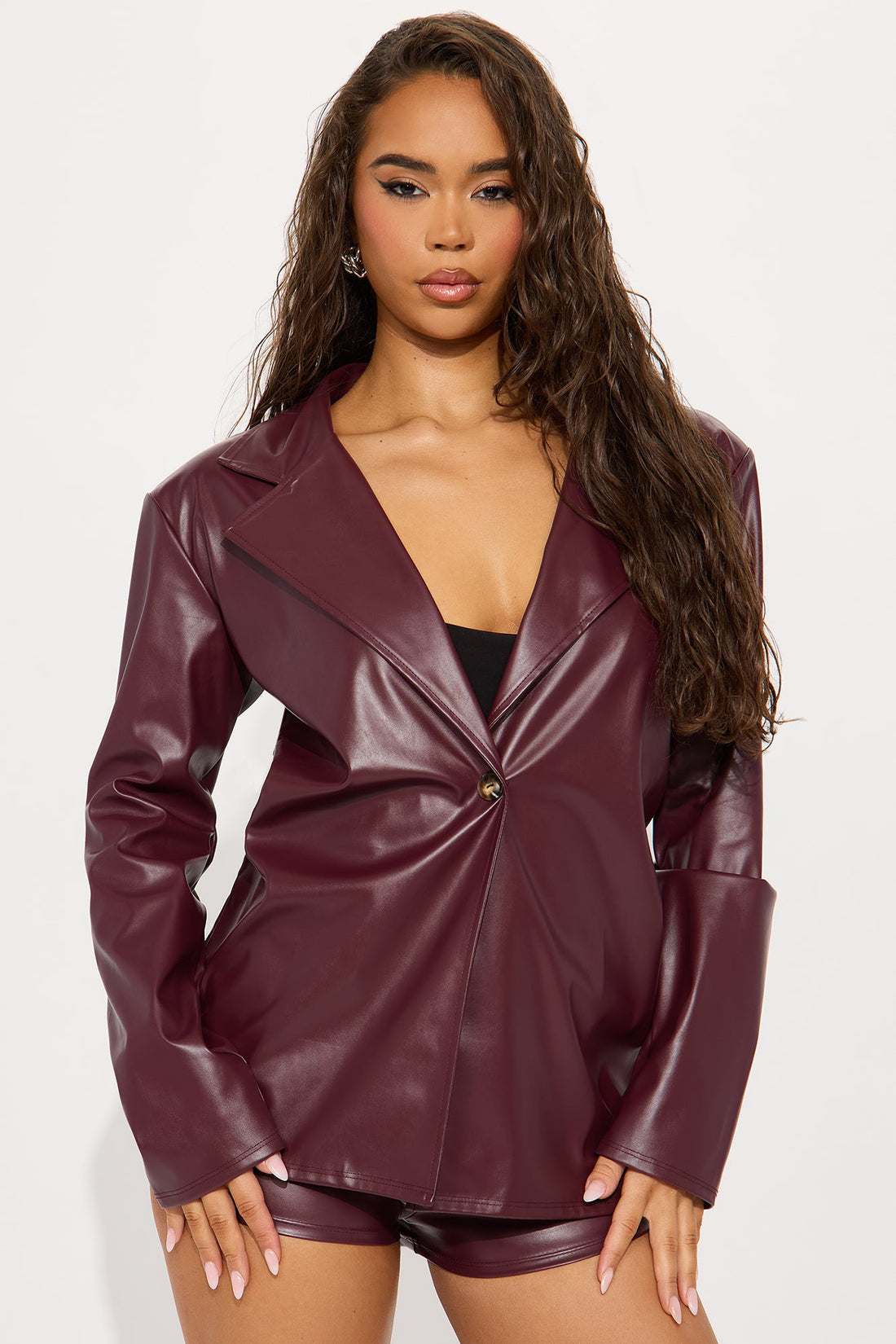 Step Out Oversized Faux Leather Blazer - Burgundy