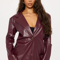 Step Out Oversized Faux Leather Blazer - Burgundy