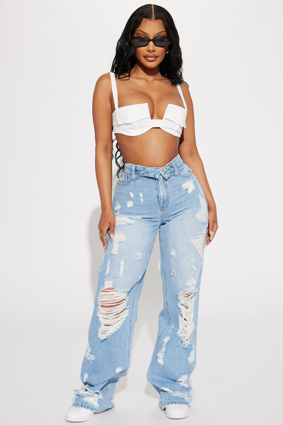 Summer Fling Destroyed Foldover Baggy Jean - Light Wash