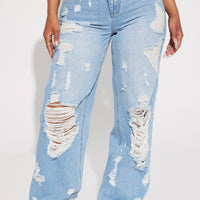 Summer Fling Destroyed Foldover Baggy Jean - Light Wash