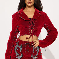 Festival Headliner Embellished Flocked Bolero Denim Jacket - Red