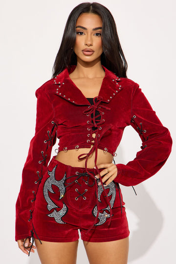 Festival Headliner Embellished Flocked Bolero Denim Jacket - Red