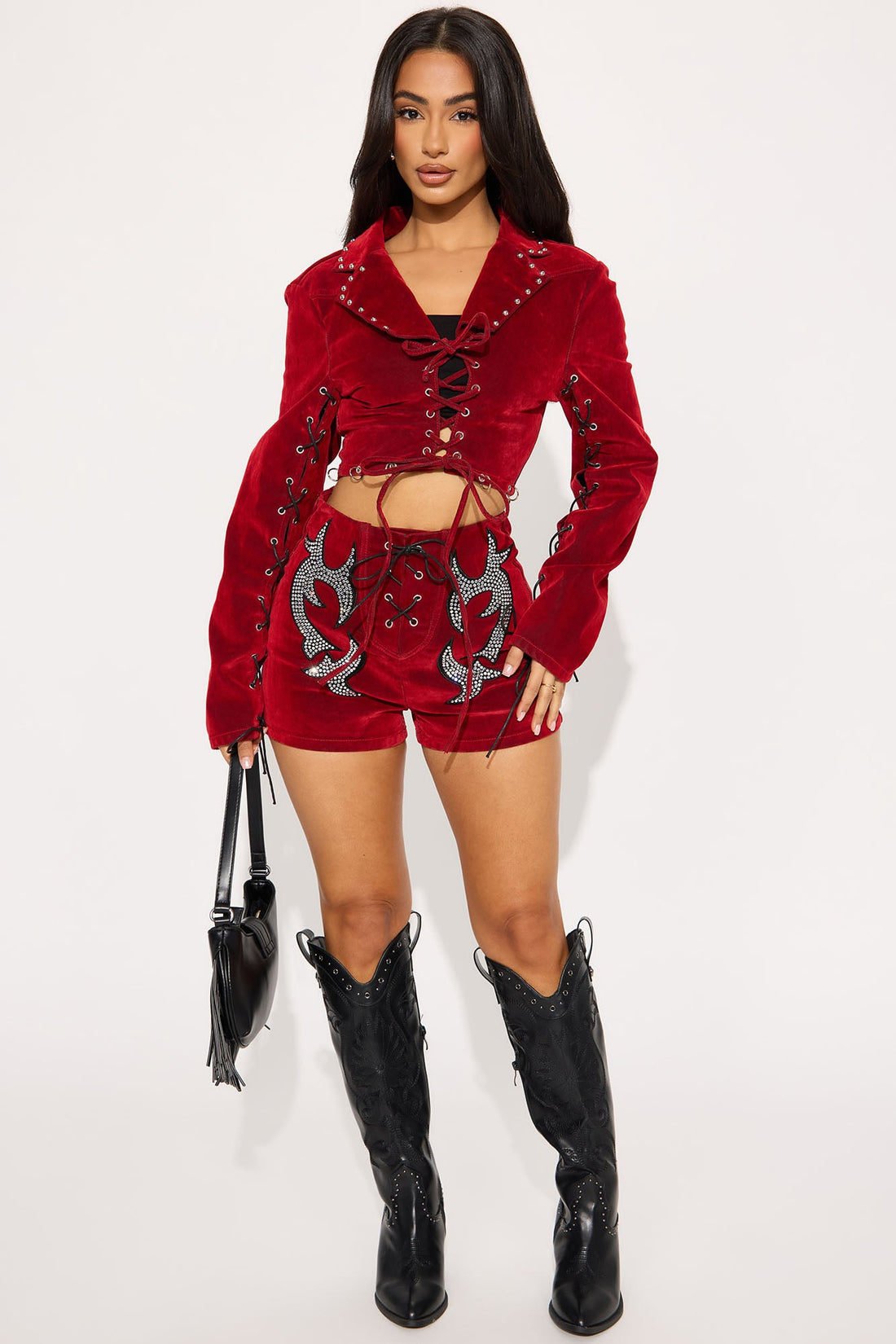 Festival Headliner Embellished Flocked Bolero Denim Jacket - Red