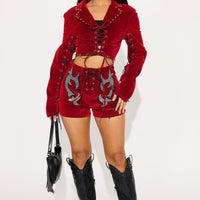 Festival Headliner Embellished Flocked Bolero Denim Jacket - Red