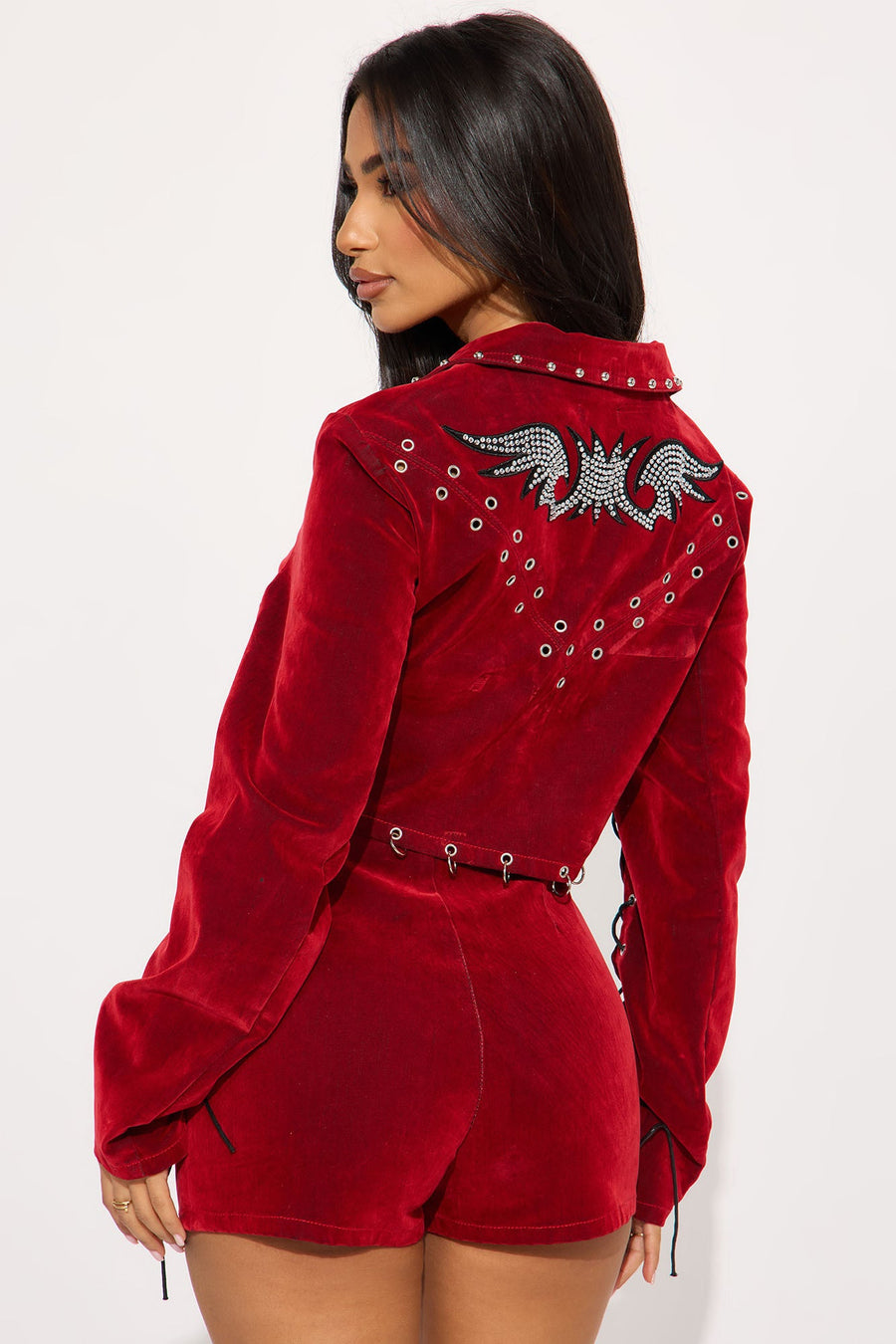 Festival Headliner Embellished Flocked Bolero Denim Jacket - Red