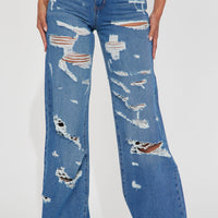 Tall Super Destroyed Wide Leg Jeans - Medium Blue Wash