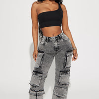 Fairfax High Rise Stretch Cargo Jeans - Acid Wash Grey