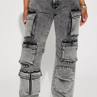 Fairfax High Rise Stretch Cargo Jeans - Acid Wash Grey