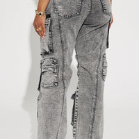 Fairfax High Rise Stretch Cargo Jeans - Acid Wash Grey