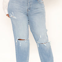 As You Please Ripped Straight Leg Jeans - Light Blue Wash