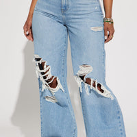 Not A Chance Ripped Non Stretch Wide Leg Jeans - Light Wash