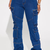 Warning You Mid Rise Stretch Flare Cargo Jean - Dark Wash