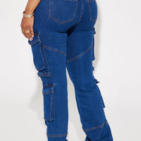 Warning You Mid Rise Stretch Flare Cargo Jean - Dark Wash