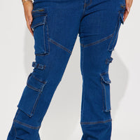 Warning You Mid Rise Stretch Flare Cargo Jean - Dark Wash