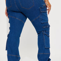 Warning You Mid Rise Stretch Flare Cargo Jean - Dark Wash