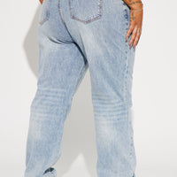 Step Waistband Crossover Jeans - Light Blue Wash