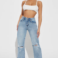 Only One Non Stretch Ripped Straight Leg Jean - Medium Wash