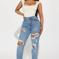 Because I Said So Destroyed Mom Jeans - Medium Blue Wash